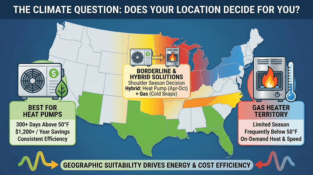 Pool heating climate comparison banner showing heat pump friendly states, gas heater regions, and hybrid solution with $1200 annual savings potential