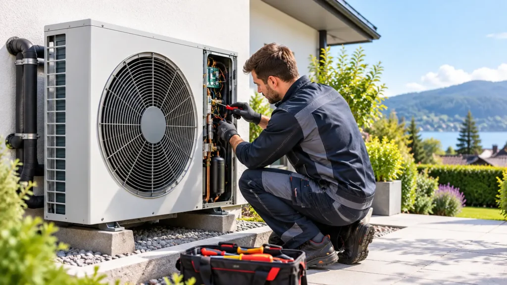 Homeowner checking the area around an outdoor air-to-water heat pump