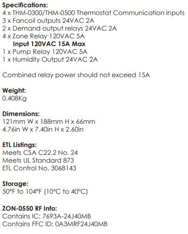 zone controller specifications